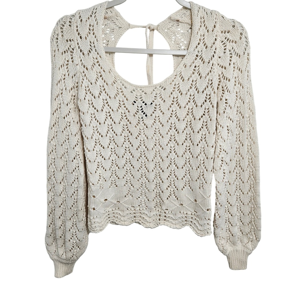 Crochet Knit Top Balloon Sleeve Tie Back Layering Festival Coquette Boho Cream S